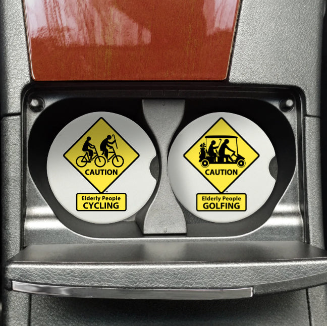 CAUTION: Elderly People CYCLING Car Coasters