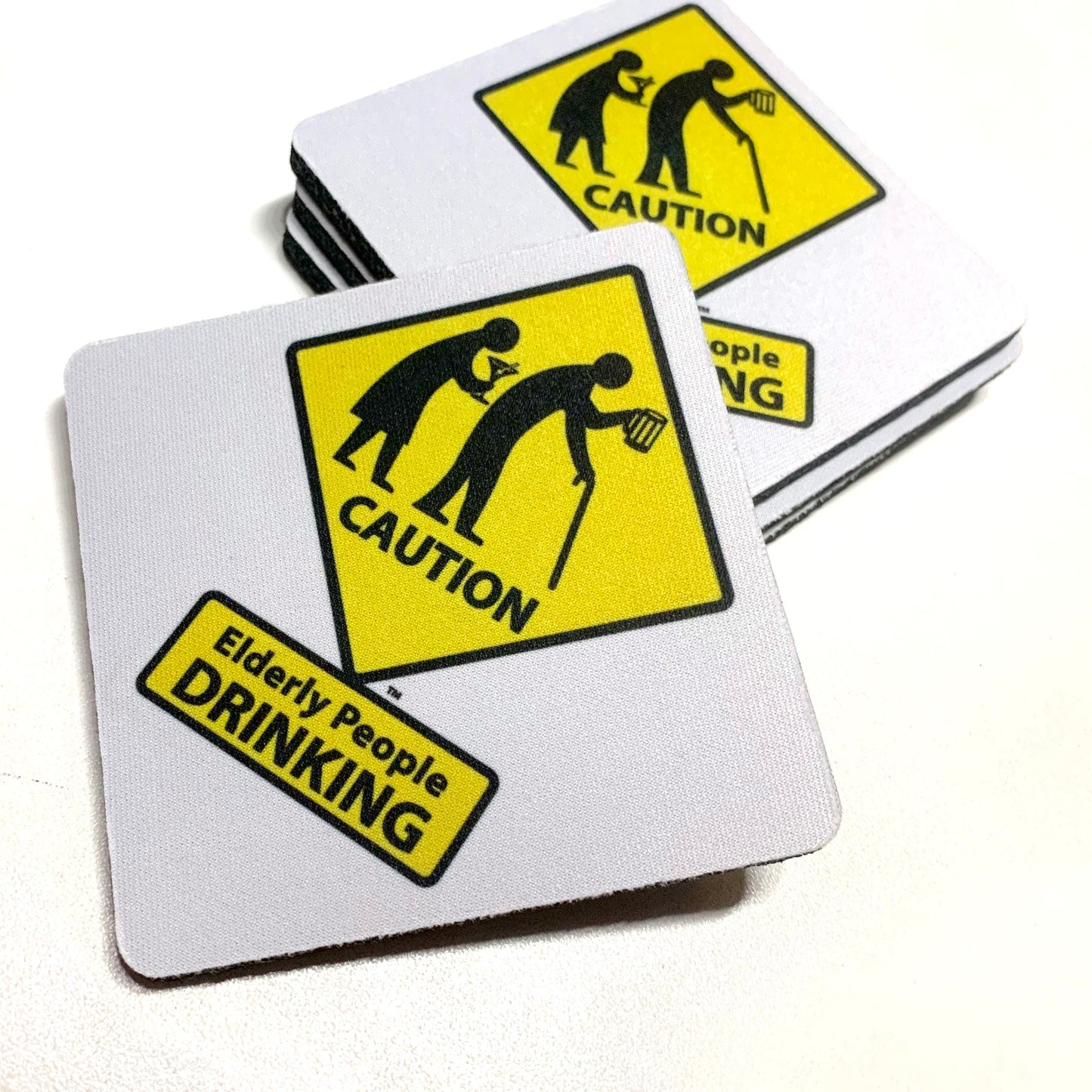 CAUTION: Elderly People DRINKING Rubber Coasters